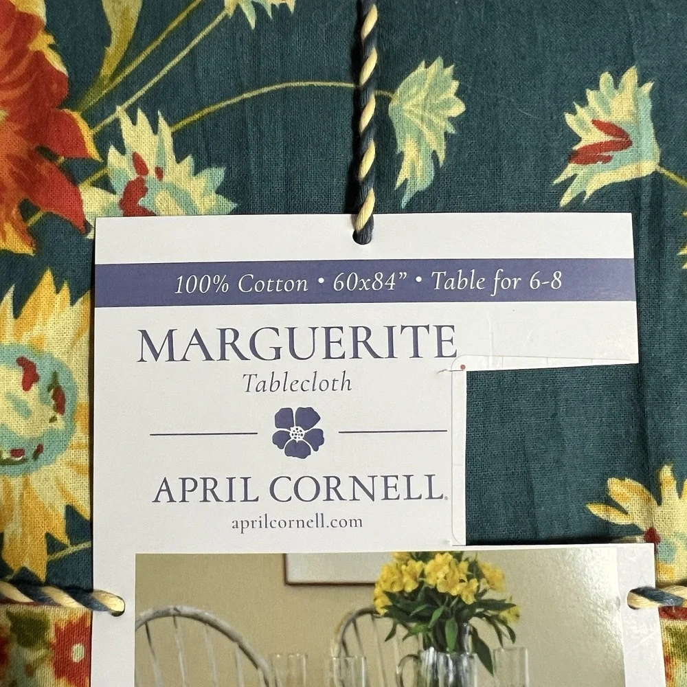 APRIL CORNELL - MARGUERITE - TEAL GOLD ORANGE FLORAL - 60 x 84  TABLECLOTH  NEW